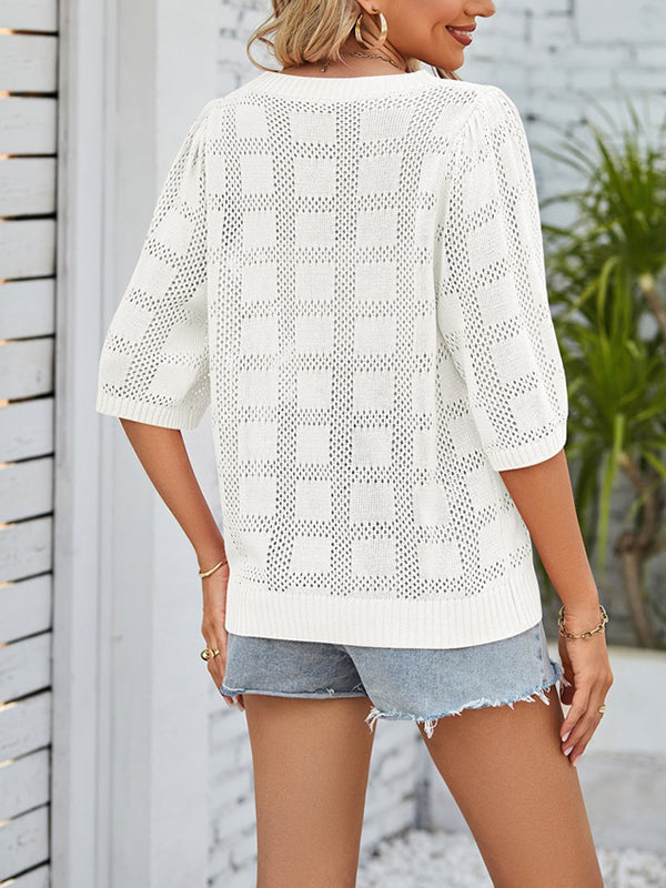 Hollow Solid Color Loose Round-neck T-Shirts Tops