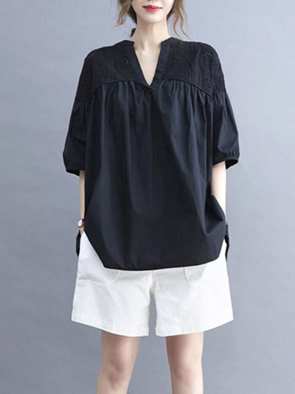 Hollow Pleated Solid Color Split-Joint Half Sleeves Loose V-Neck T-Shirts