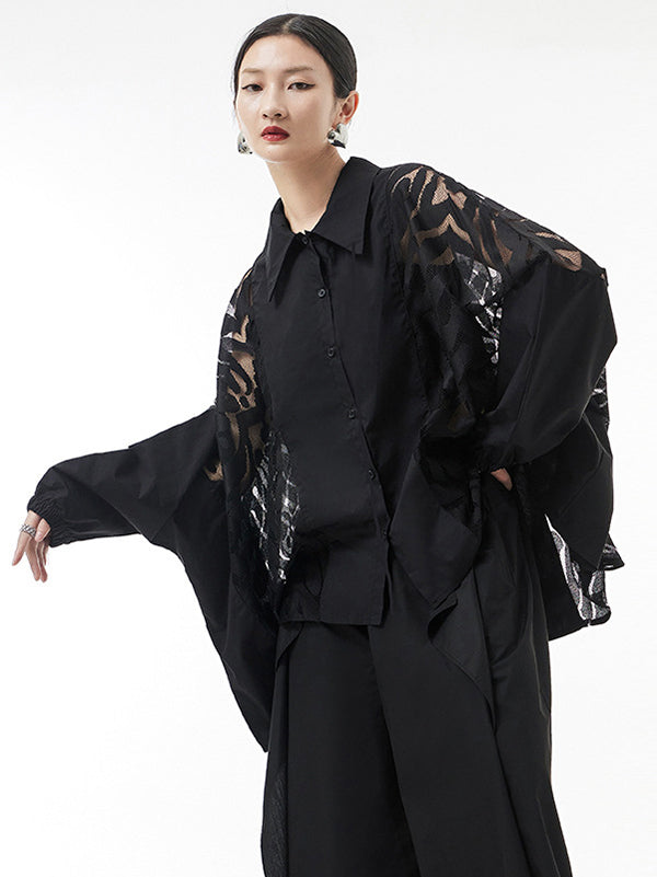 Urban See-Through Lace Split-Joint Lapel Blouse