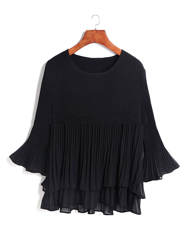 Original Loose Solid Color Pleated Falbala T-Shirt Top