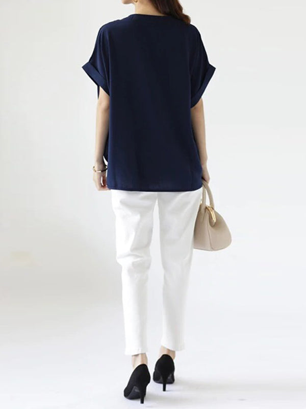 Pleated Solid Color Split-Joint Batwing Sleeves Loose Round-Neck Blouses&Shirts Tops