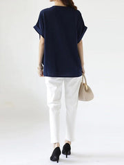 Pleated Solid Color Split-Joint Batwing Sleeves Loose Round-Neck Blouses&Shirts Tops