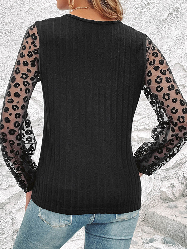 Elasticity Leopard Mesh Split-Joint Long Sleeves Loose V-Neck T-Shirts Tops