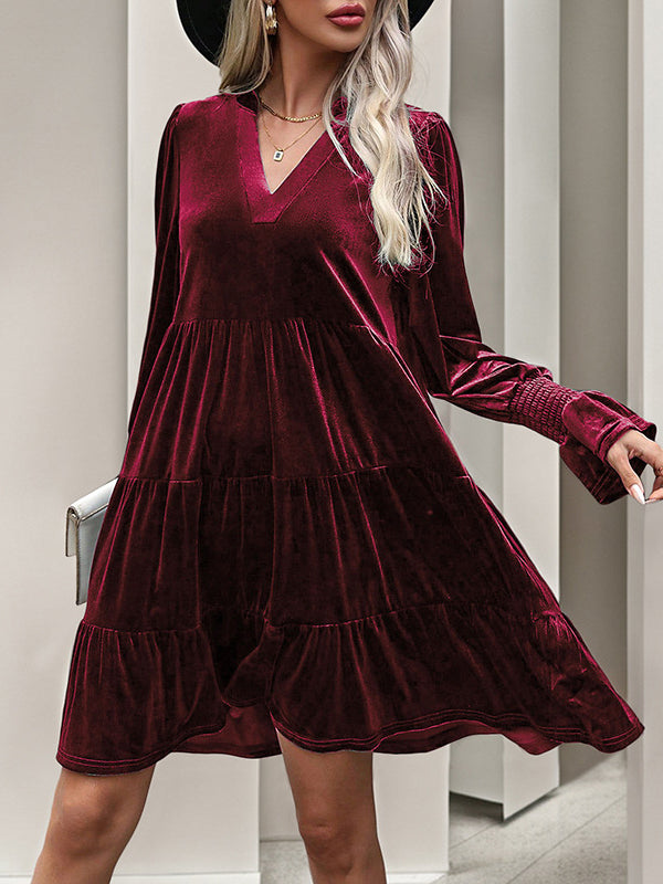 Pleated Solid Color Velvet A-Line Long Sleeves V-Neck Mini Dresses