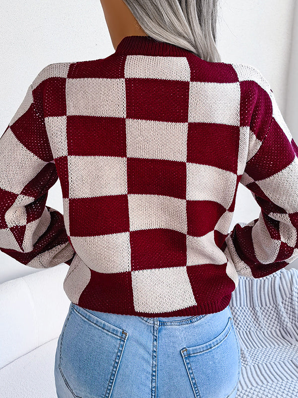 Contrast Color Plaid Long Sleeves Loose Round-Neck Sweater Tops
