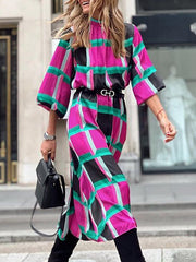 Contrast Color No Belt Pleated Half Sleeves Loose Round-Neck Midi Dresses