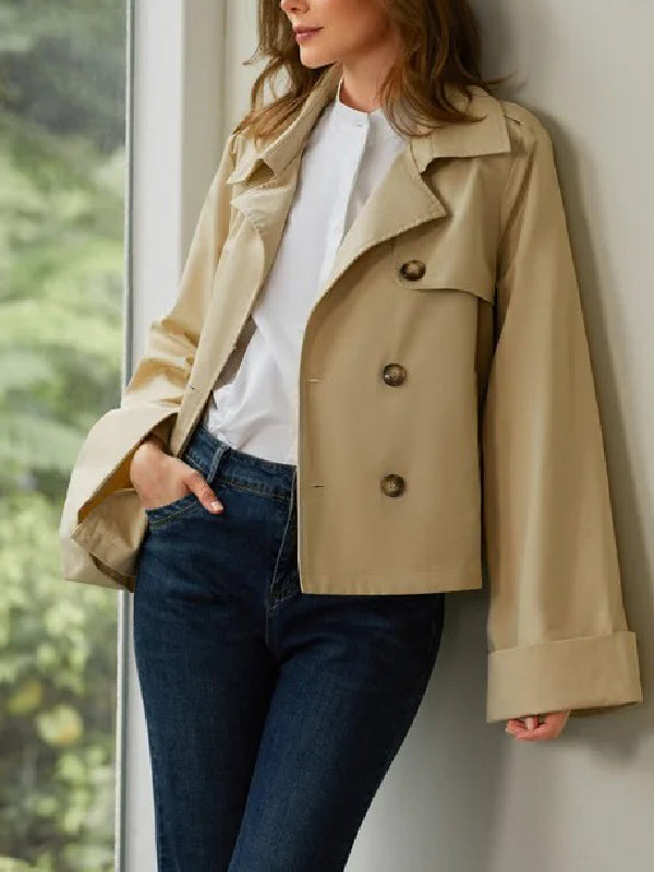 Loose Buttoned Pockets Solid Color Notched Collar Trench Coats