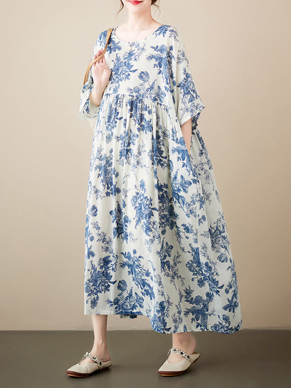 Floral Printed Pleated Split-Joint Loose Short Sleeves Round-Neck Midi Dresses