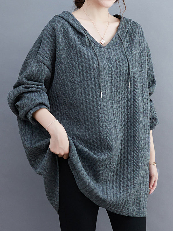 Drawstring Jacquard Solid Color Split-Joint Hooded Long Sleeves Hoodies Tops