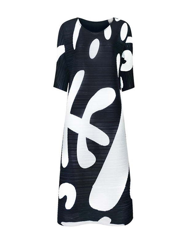 Pleated Print Half Sleeves Loose Round-neck Midi Dresses