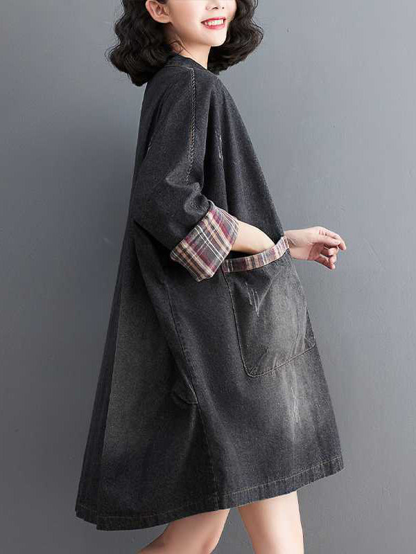 Buttoned Plaid Pockets Split-Joint Long Sleeves Loose V-Neck Denim Outerwear
