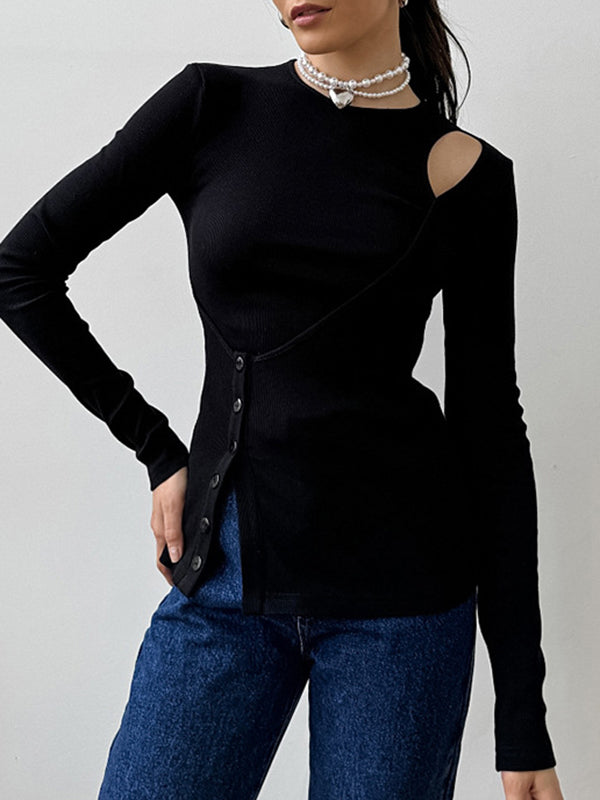 Asymmetric Buttoned Hollow Solid Color Split-Joint False Two Long Sleeves Round-Neck T-Shirts Tops