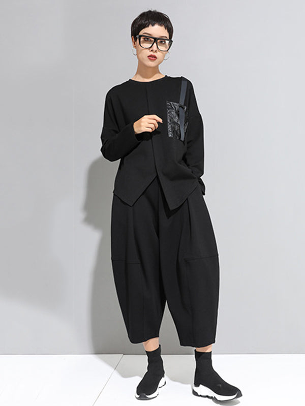 Loose Long Sleeves Split-Front Round-Neck T-Shirts Tops