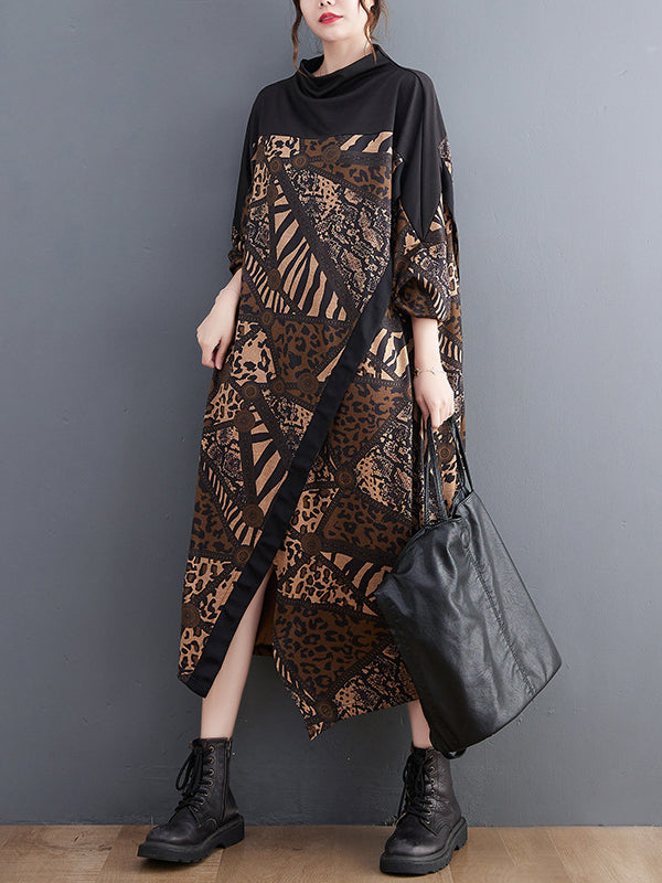 Asymmetric Printed Split-Front Split-Joint Long Sleeves Loose Mock Neck Midi Dresses