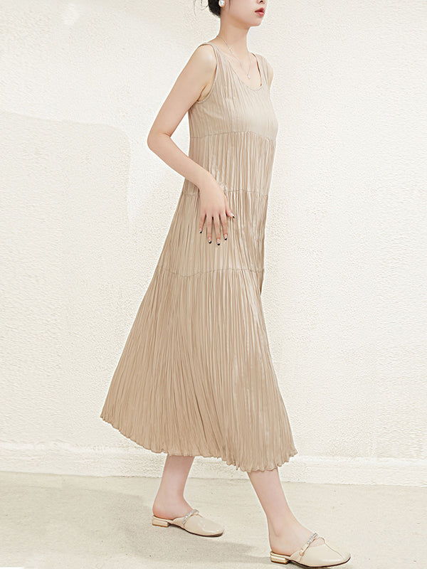 Pleated Solid Color Split-Joint Loose Sleeveless Round-Neck Midi Dresses