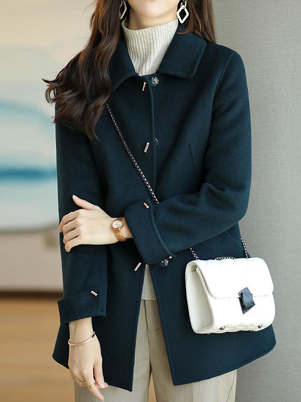 Buttoned Pockets Solid Color Long Sleeves Loose Lapel Woolen Coat