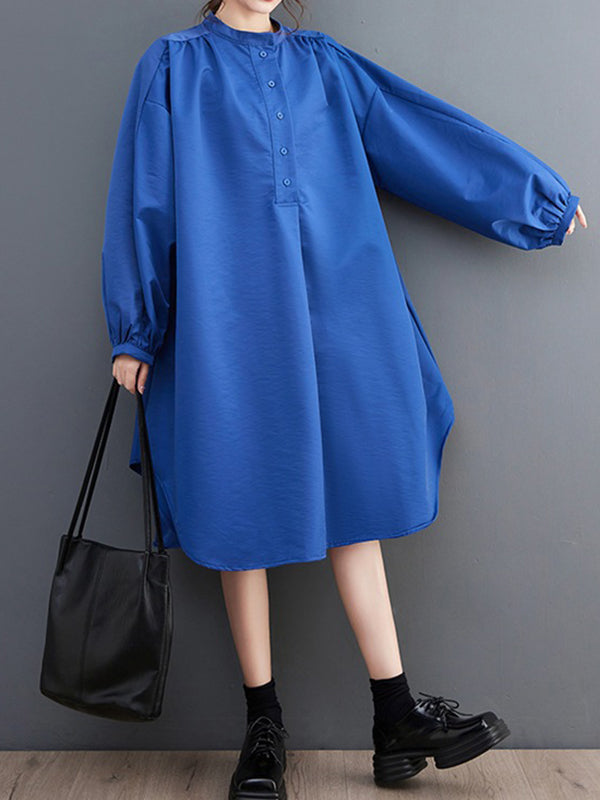 Loose Puff Sleeves Solid Color Stand Collar Midi Dresses