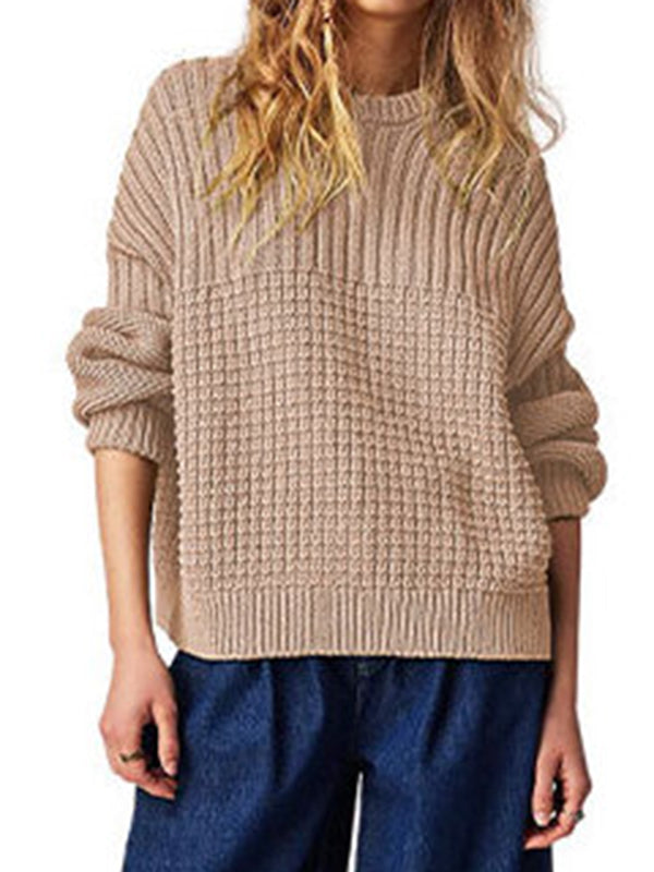 Solid Color Long Sleeves Loose Round-Neck Sweater Tops Pullovers