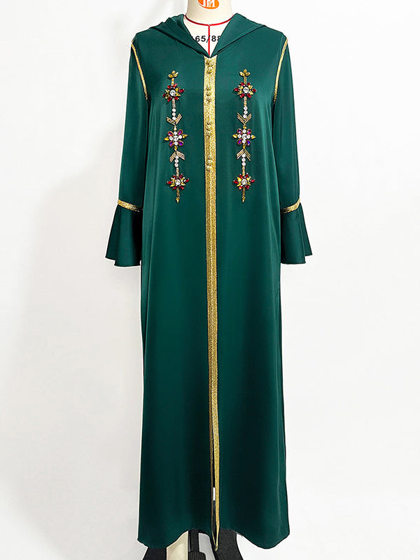 Rhine Stones Split-Front A-Line Flared Sleeves V-Neck Maxi Dresses