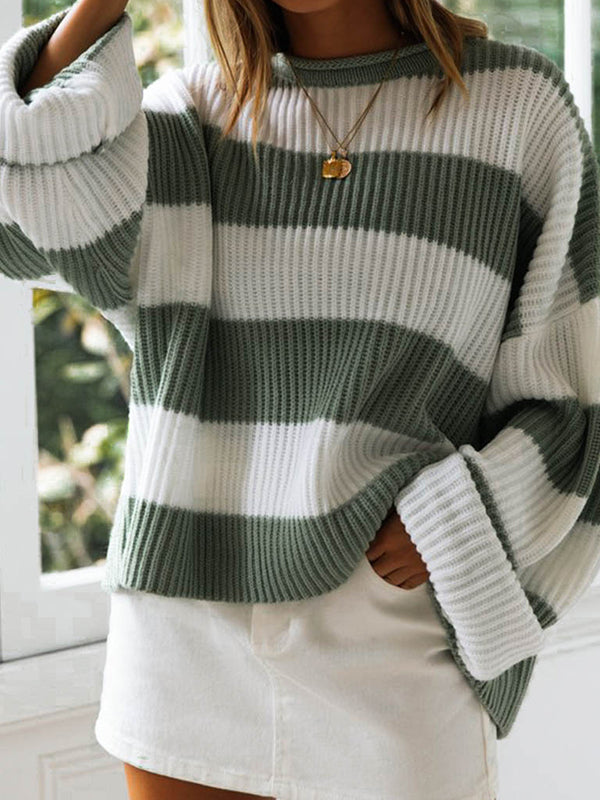 Contrast Color Striped Long Sleeves Loose Round-Neck Sweater Tops Pullovers