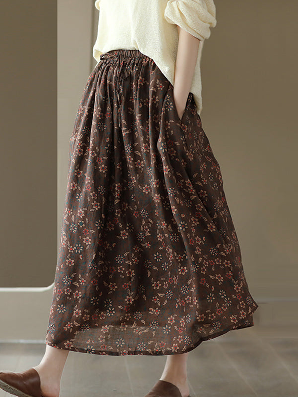 Drawstring Elasticity Floral Printed Loose Skirts