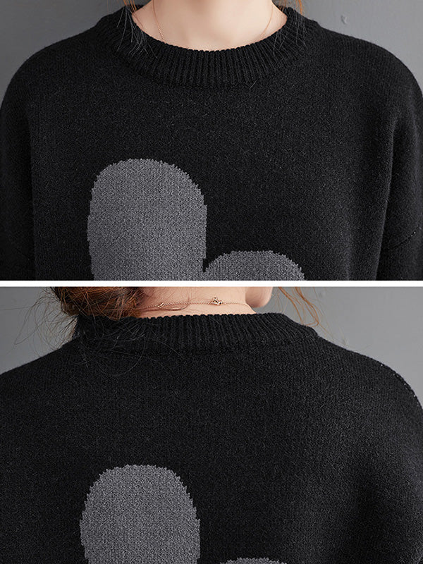 Casual Long Sleeves Loose Contrast Color Jacquard Round-Neck Pullovers