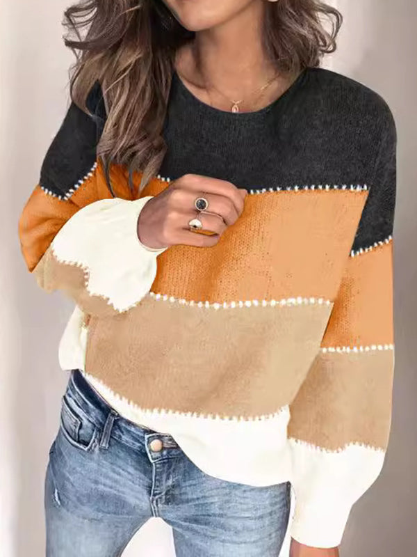 Contrast Color Split-Joint Striped Long Sleeves Loose Round-Neck Sweater Tops Pullovers