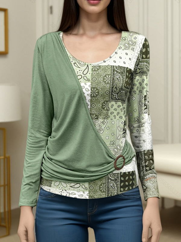 Asymmetric Buckle Contrast Color Pleated Split-Joint Irregularity Long Sleeves Round-Neck T-Shirts Tops
