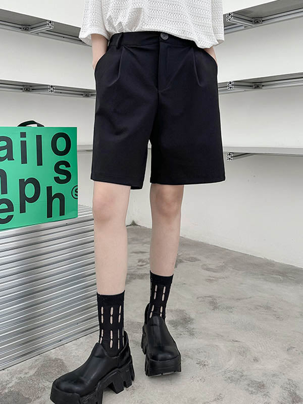 Elasticity Pleated Solid Color Split-Joint Loose Straight Leg Half Pants