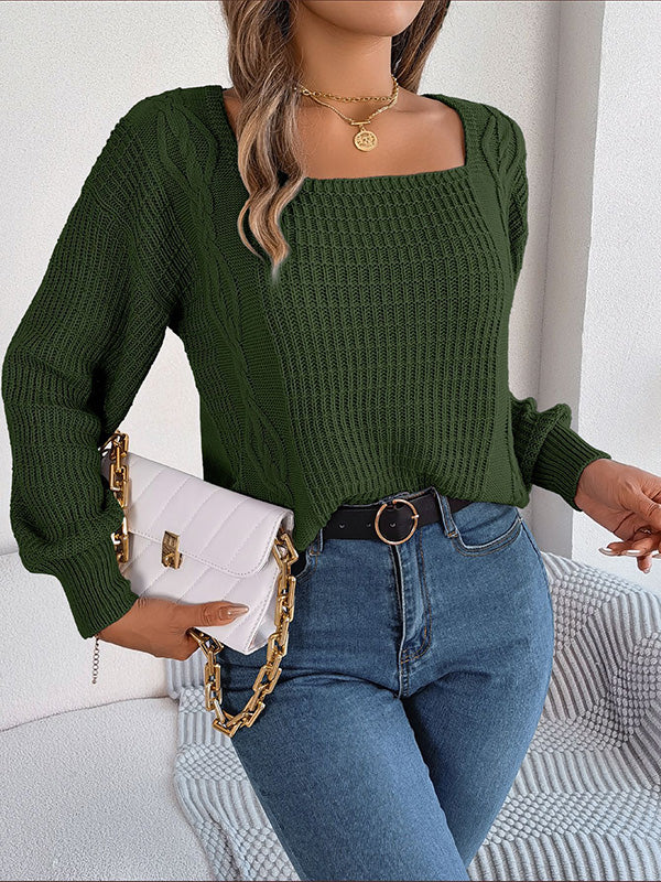 Solid Color Long Sleeves Loose Square-Neck Sweater Tops Pullovers