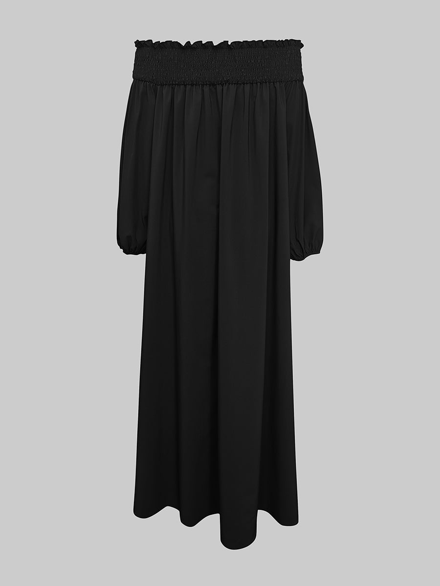 Loose Puff Sleeves Elasticity Pleated Solid Color Off-The-Shoulder Maxi Dresses