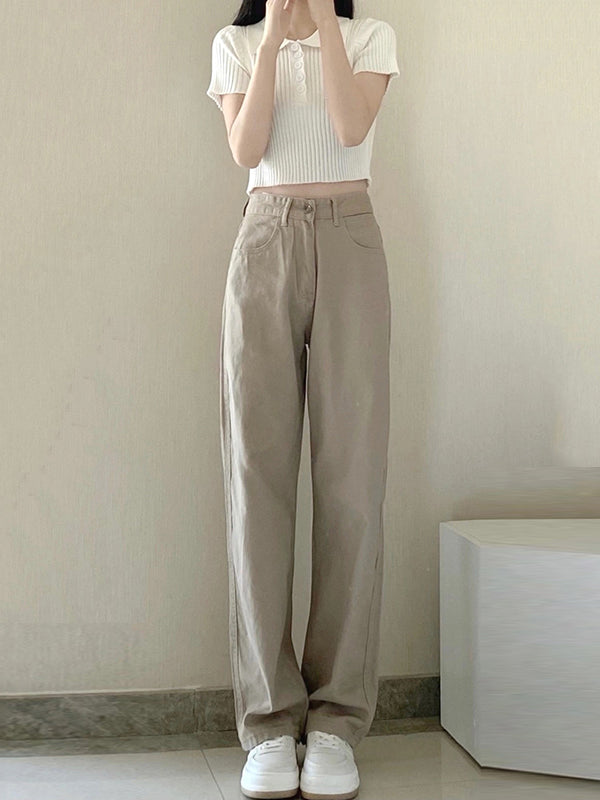 Casual High Waisted Solid Color Wide Leg Pants