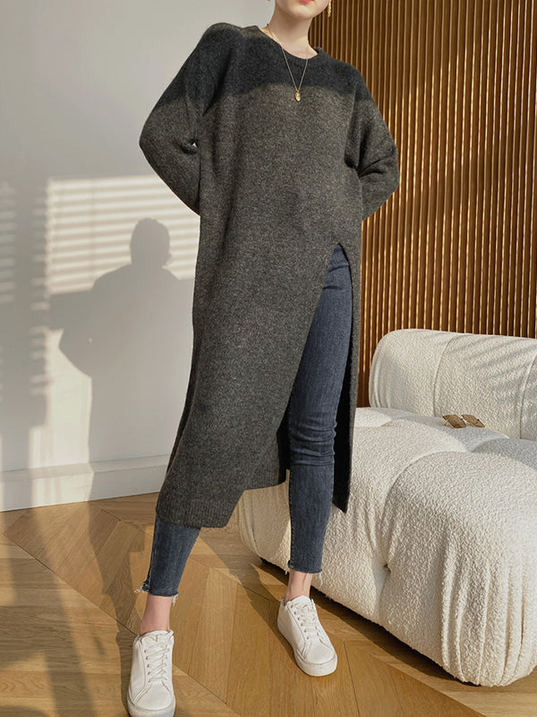 Loose Split-Side Solid Color Round-Neck Knitting Sweater Dresses