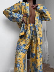 Loose Printed Split-Joint Deep V-Neck Lace-Up Blouse + Drawstring Elasticity Pants Trousers Two Pieces Set