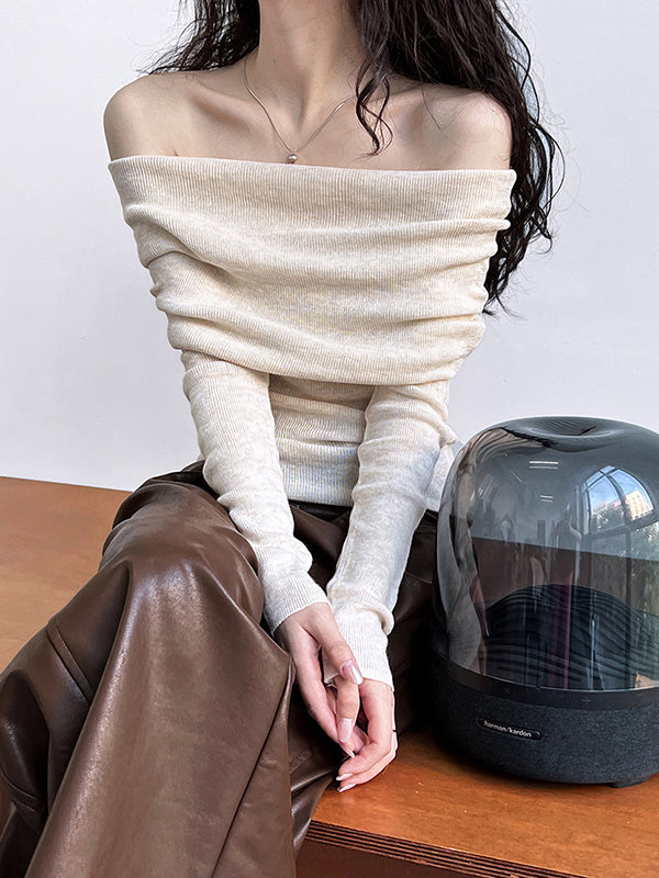 Solid Color Long Sleeves Skinny Off-The-Shoulder Sweater Tops Pullovers