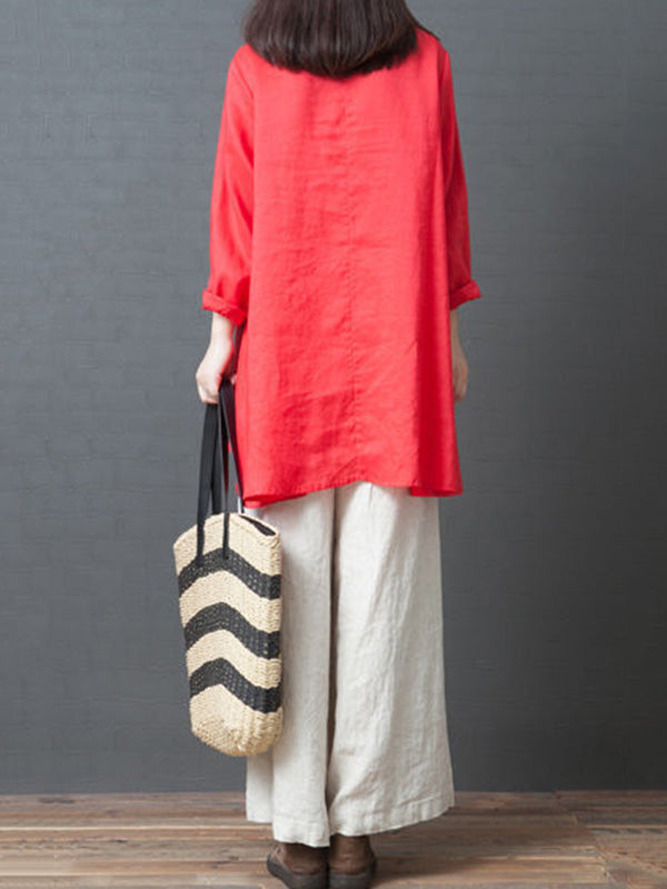 Linen Solid Color Round-Neck Puff Sleeve Blouse Tops