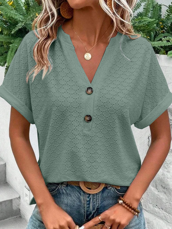 Buttoned Jacquard Split-Joint Loose Plus Size V-Neck T-Shirts Tops