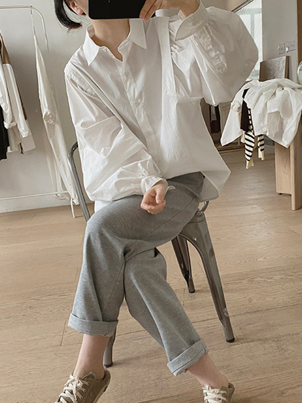 Solid Color Loose Puff Sleeves Lapel Blouses