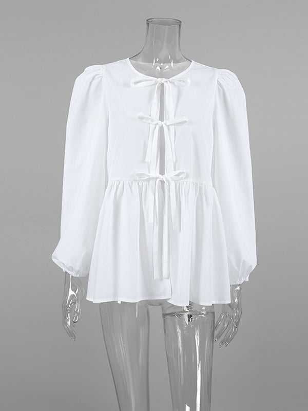 Elasticity Solid Color Split-Joint Tied Long Sleeves Loose Round-Neck Blouses&Shirts Tops