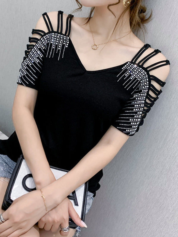 Hollow Rhine Stones Solid Color Split-Joint Loose Raglan Sleeve V-Neck T-Shirts Tops