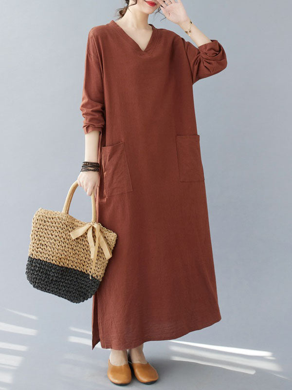 Pockets Solid Color Split-Side A-Line Long Sleeves V-Neck Maxi Dresses