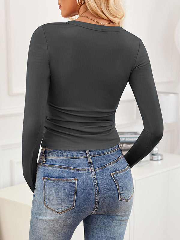 Solid Color Split-Joint Long Sleeves Skinny V-Neck T-Shirts