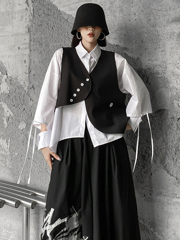 Original Loose Lace-Up Hollow Sleeve Blouse+Black Vest+Wide Leg Pants Culotte Three Pieces Set