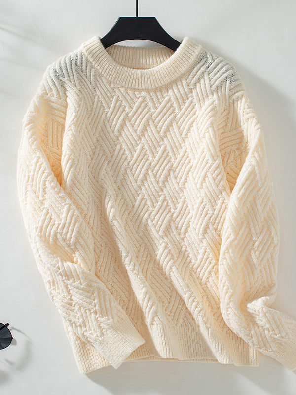 Solid Color Split-Joint Long Sleeves Loose Round-Neck Sweater Tops Pullovers