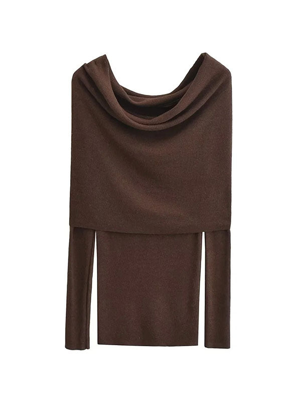 Pleated Solid Color Split-Joint Long Sleeves Skinny Off-the-shoulder Pullovers Knitwear