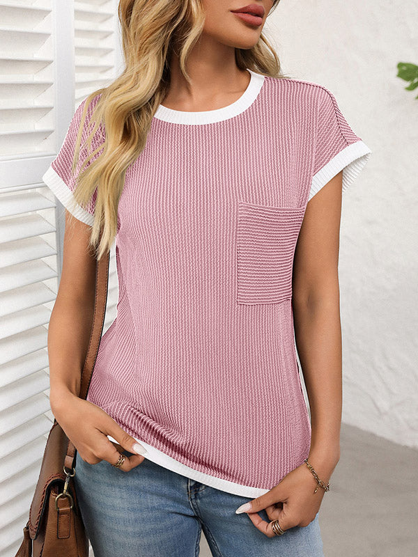 Colorful Contrast Color Pockets Loose Short Sleeves Round-neck T-Shirts Tops