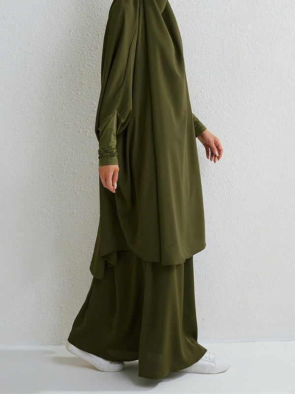 Solid Color Batwing Sleeves Long Sleeves Muslim High Neck Shirts Top + Skirts Bottom Two Pieces Set