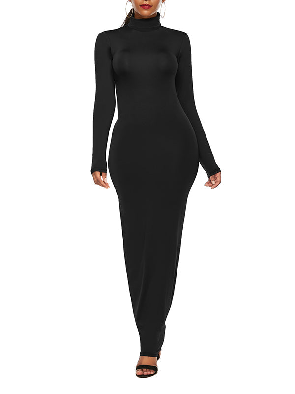 Solid Color Bodycon Long Sleeves High Neck Maxi Dresses