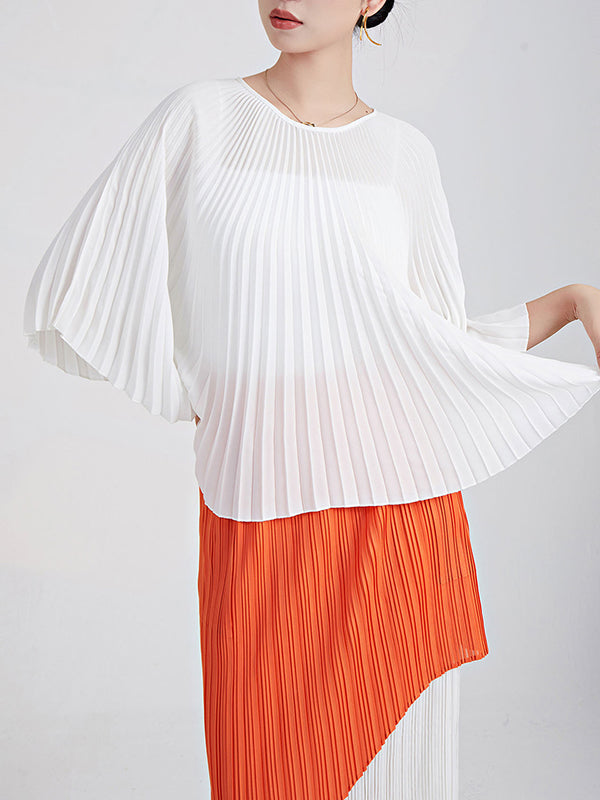 Pleated Solid Color Batwing Sleeves Loose Round-Neck T-Shirts Tops
