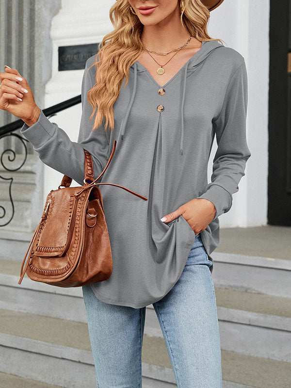 Buttoned Drawstring Hooded Solid Color Long Sleeves Loose V-Neck T-Shirts Tops